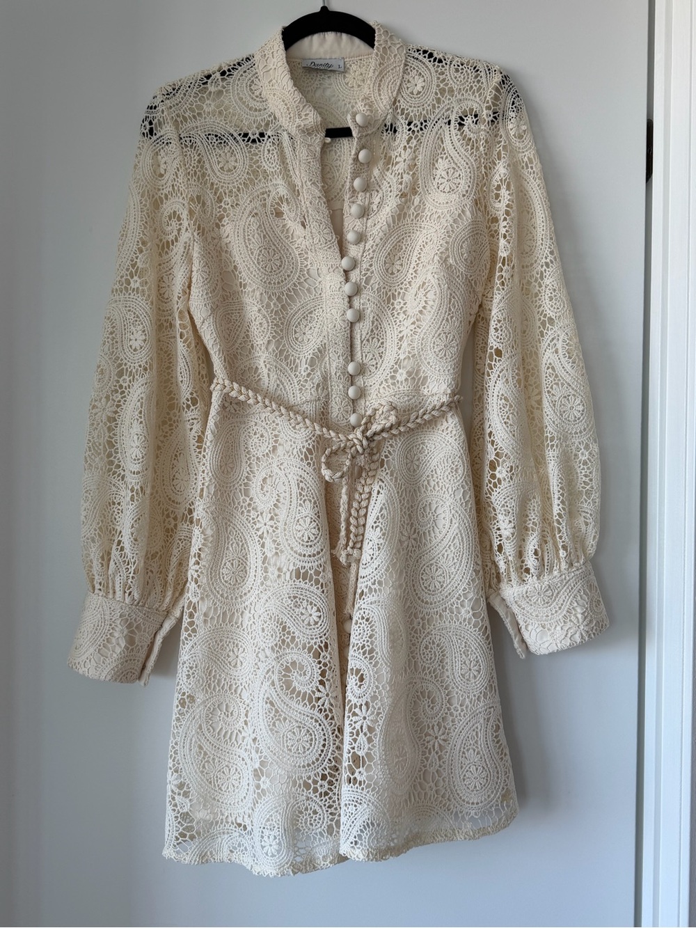 Cream Lace Long-Sleeve Mini Dress with Braided Belt